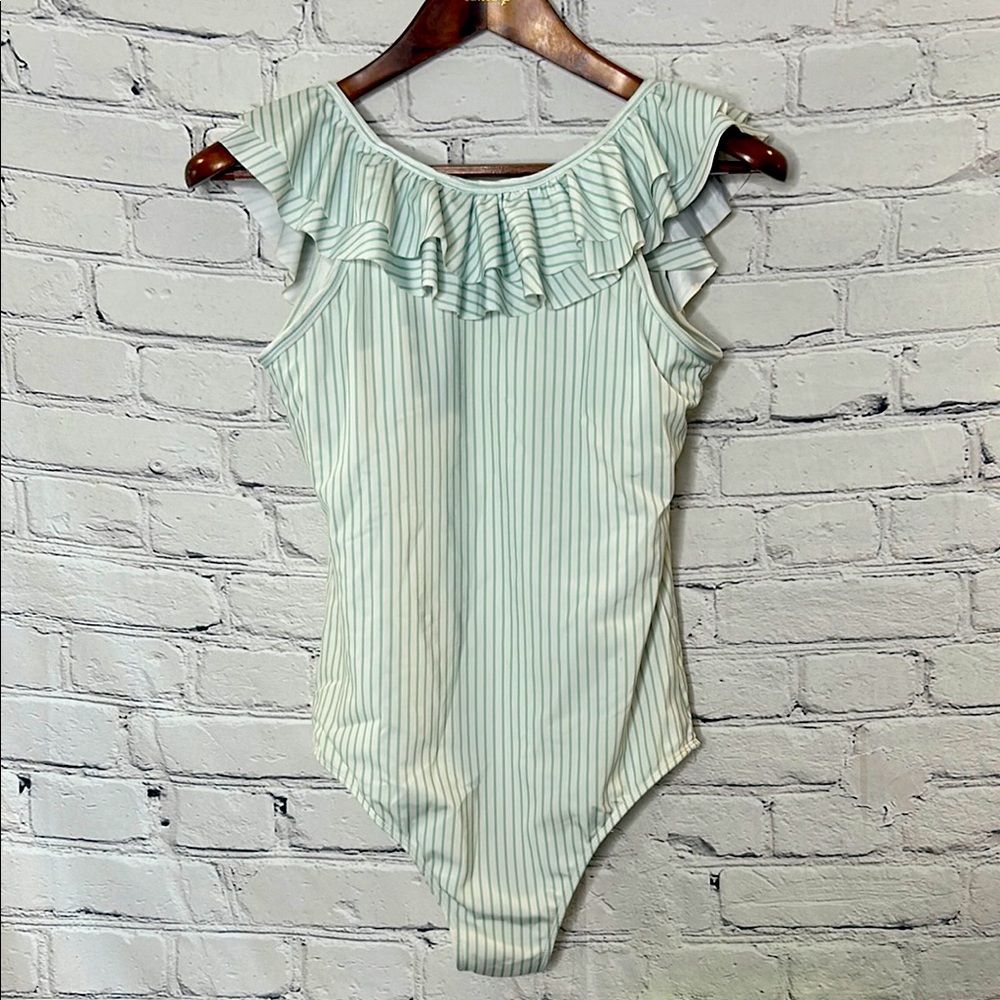 Rash Guard Green & White Striped Ruffle One-Piece Bathing Swimsuit Size Medium